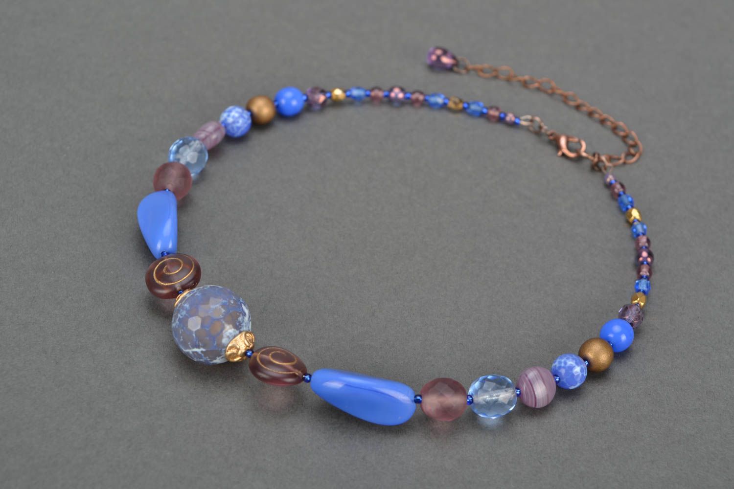 Unusual handmade designer necklace with natural stone and glass beads Provence photo 2
