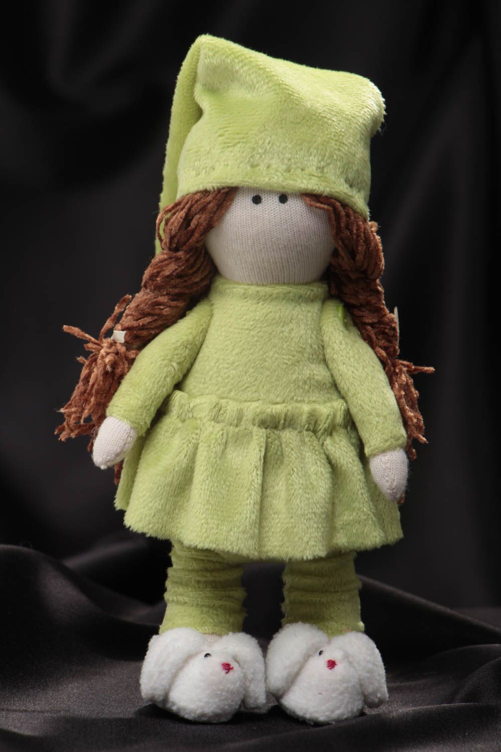 Handmade designer interior fabric soft doll sleepy girl in green pajama photo 1