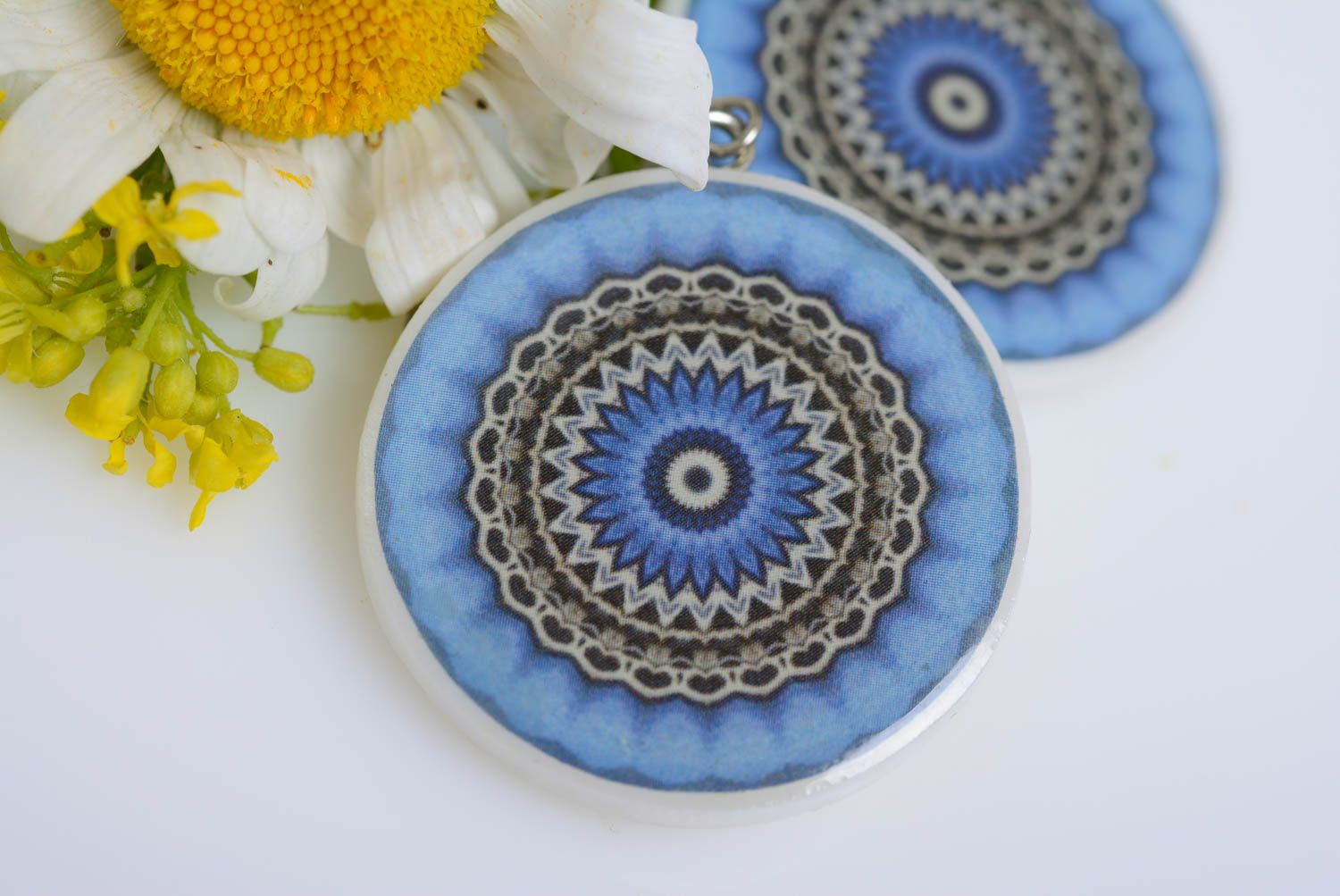 Women's handmade designer decoupage polymer clay round earrings with pattern photo 2
