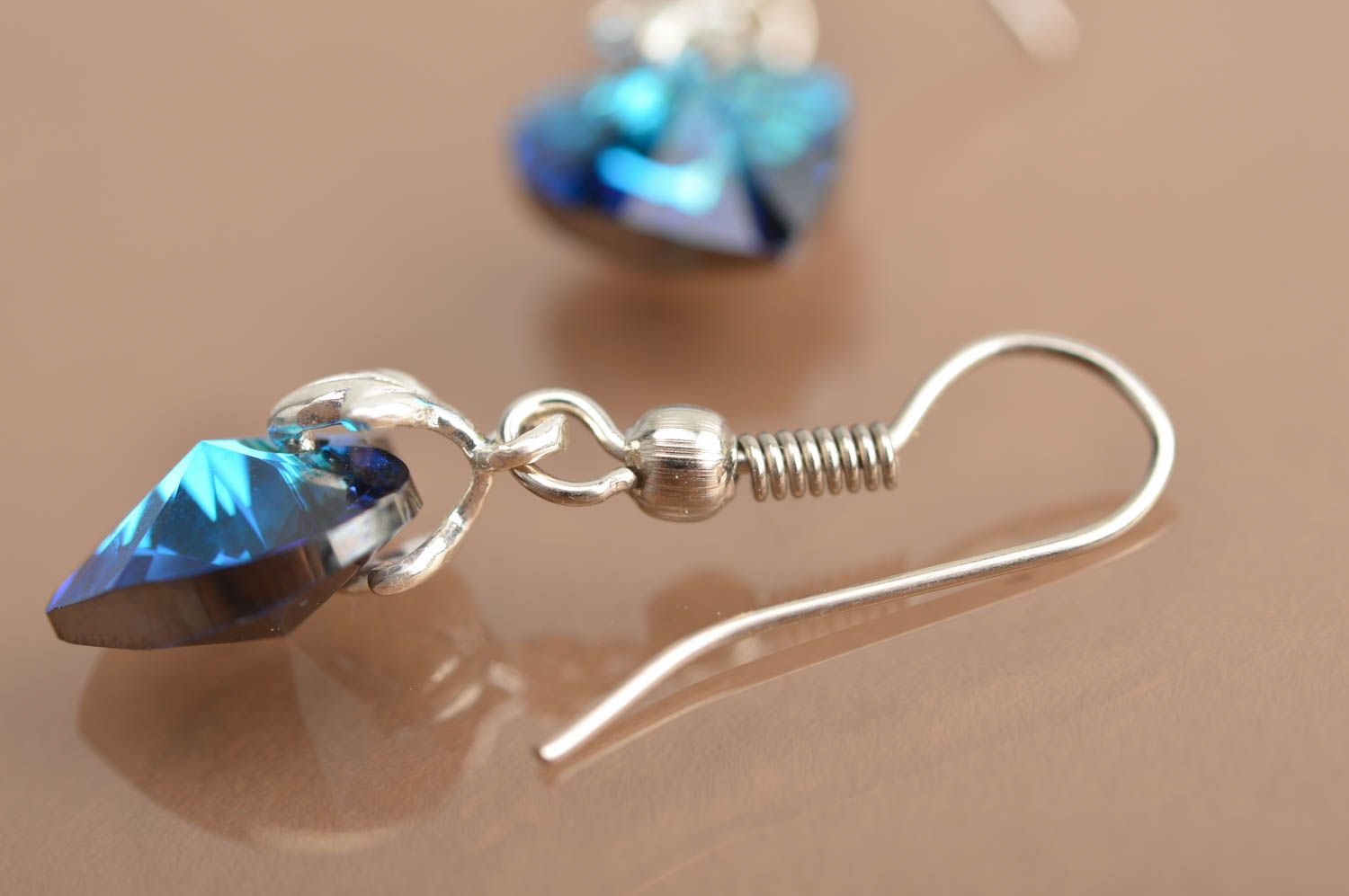 Handmade stylish earrings with Austrian stones and strasses blue hearts photo 5
