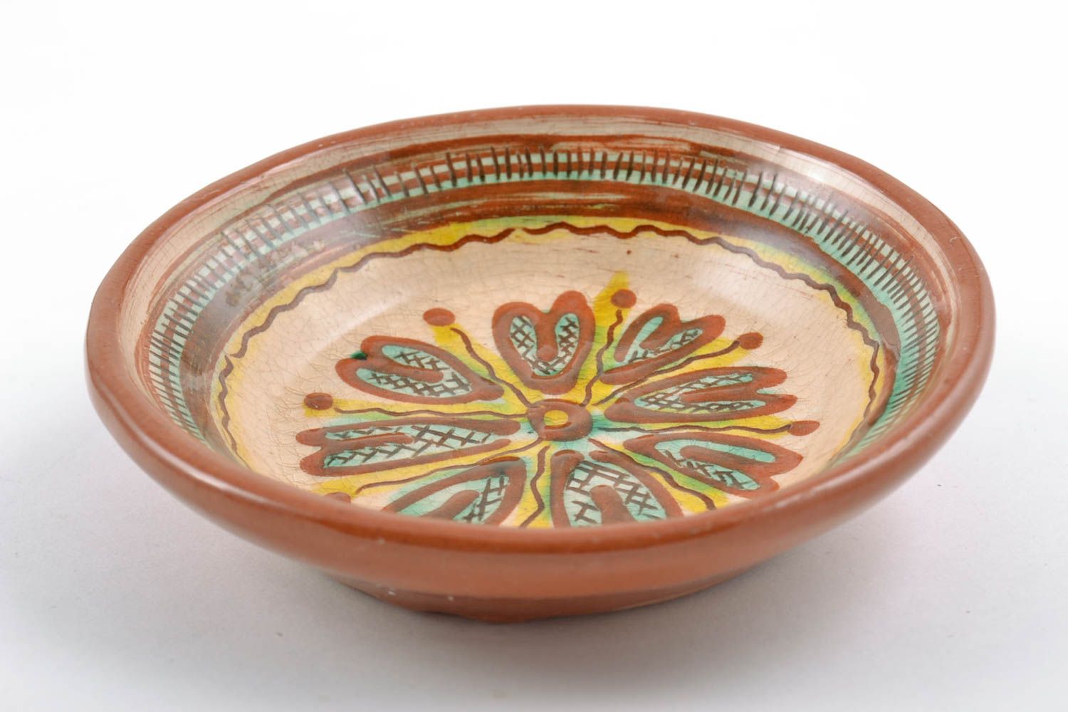 Глубокая керамическая тарелка расписанная глазурью декоративная ручной работы фото 4