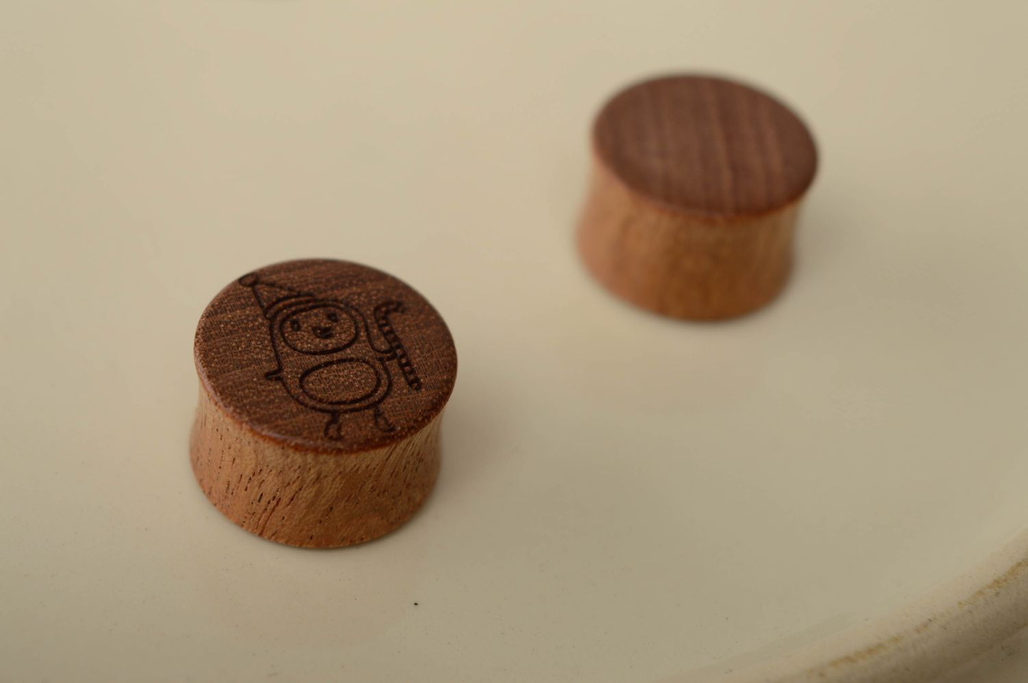 Sapele wood plug earrings with images of penguin and Father Frost photo 5
