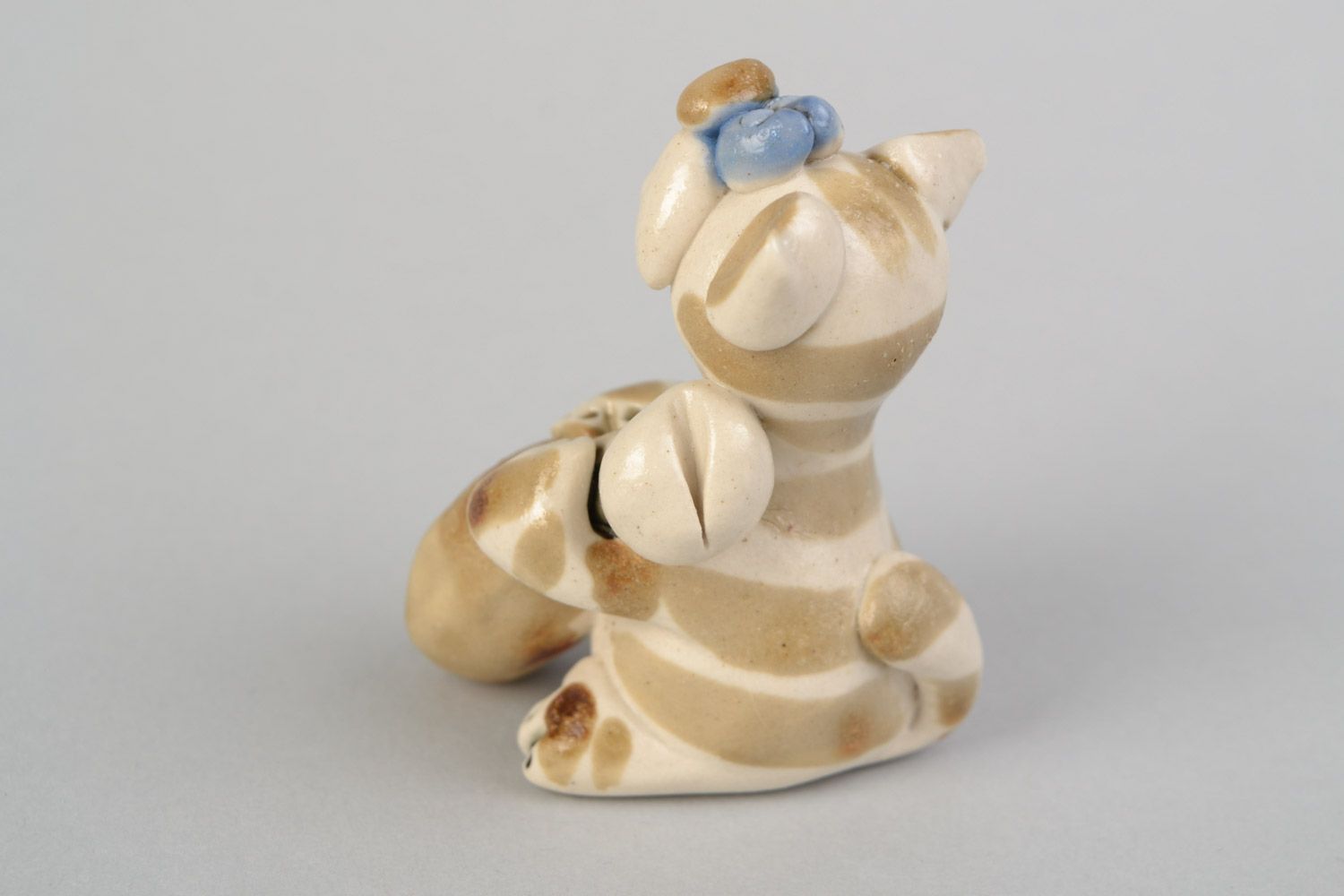 Handmade decorative miniature ceramic figurine painted with colorful glaze Cat photo 5