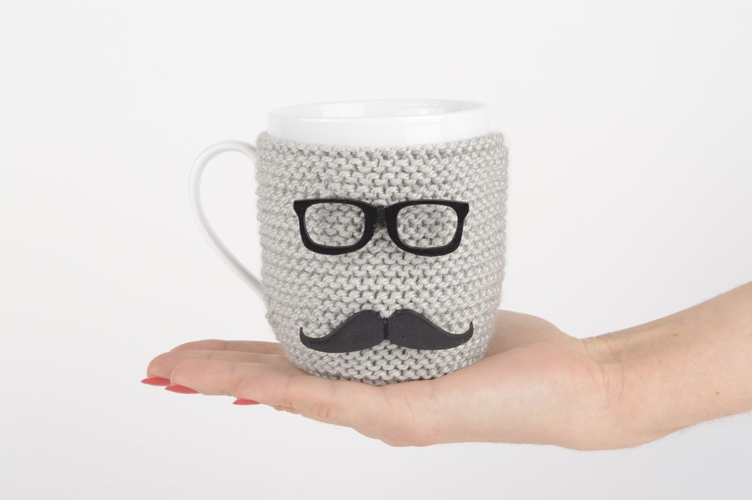 8 oz white porcelain cup with knitted cover with man and mustache pattern photo 5