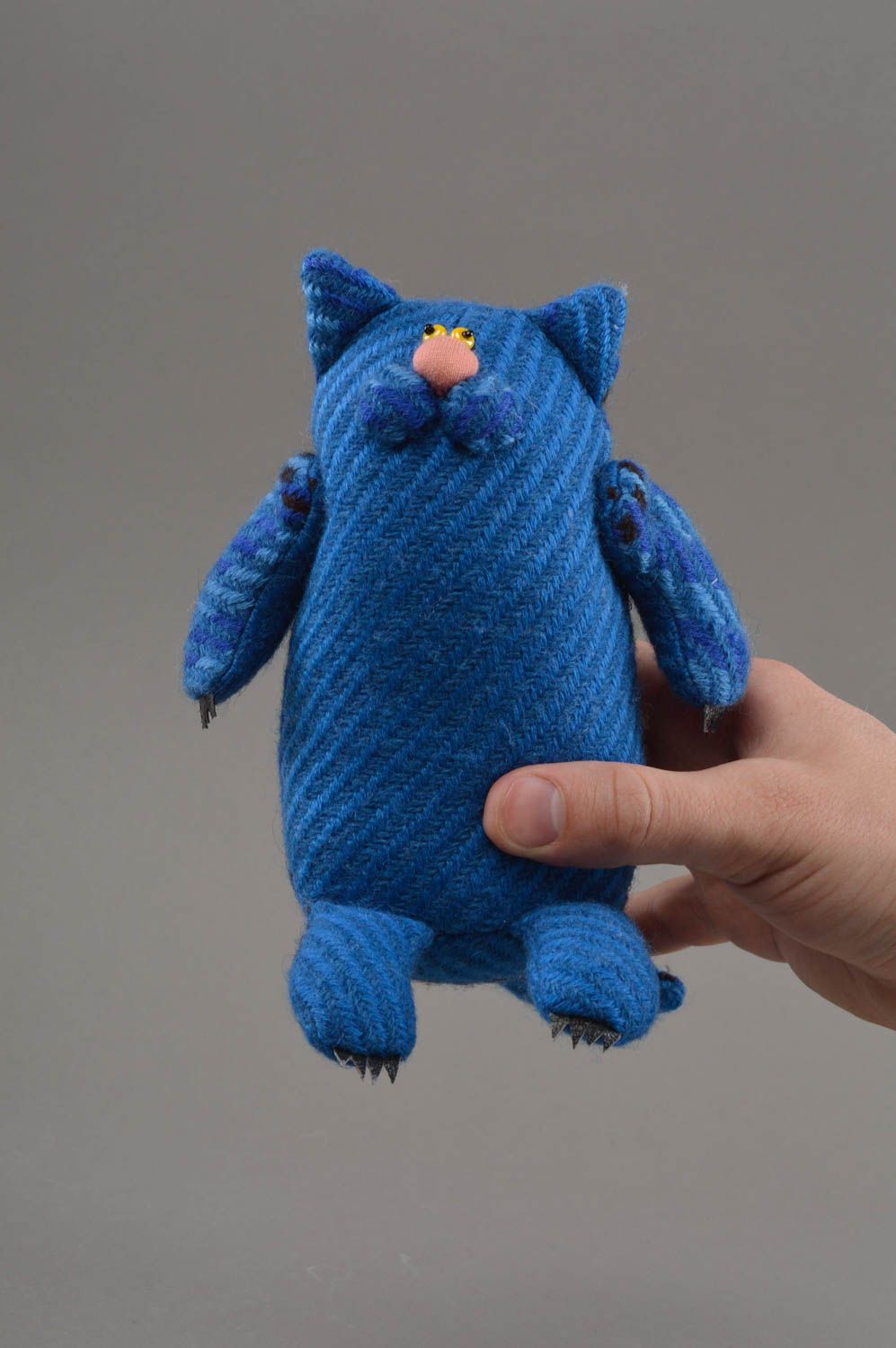 Peluche chat en tissu de mi-laine faite main bleue décorative pour enfants photo 4