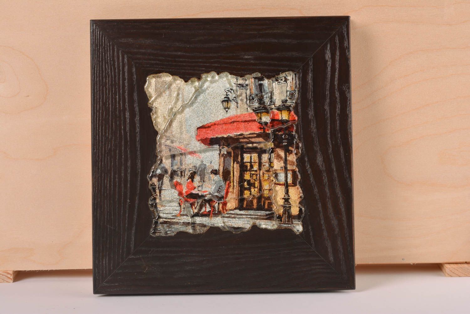 Панно на стену подарок ручной работы красивая картина из стекла и дерева Кафе фото 1
