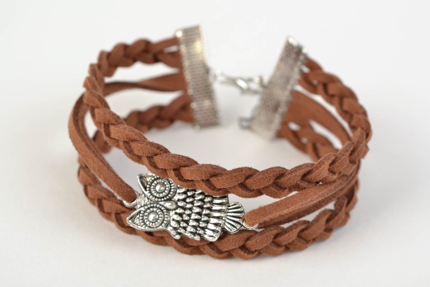 Beautiful woven handmade suede cord bracelet with owl charm photo 3