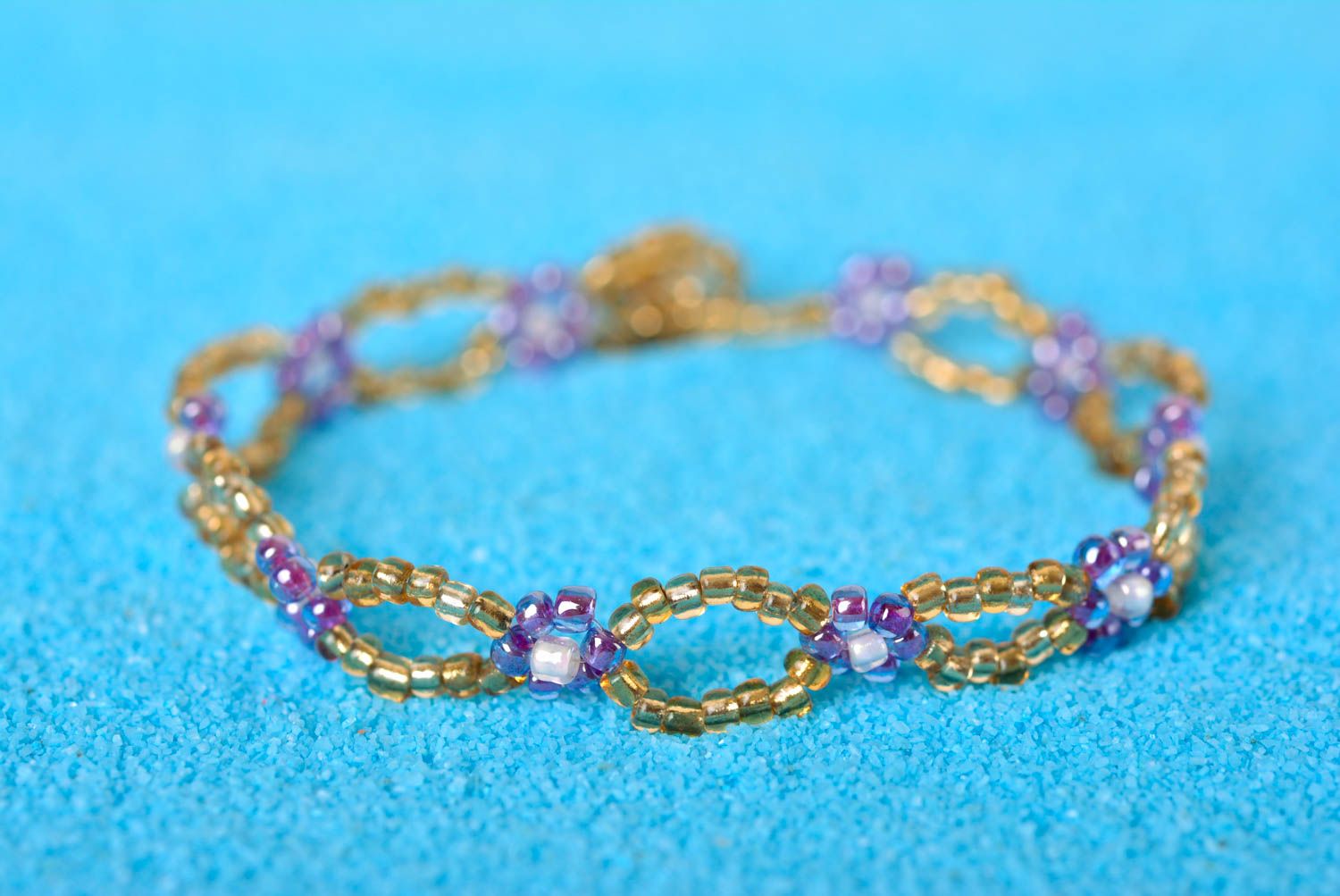 Elegant handmade beaded bracelet with blue flowers for girls photo 1