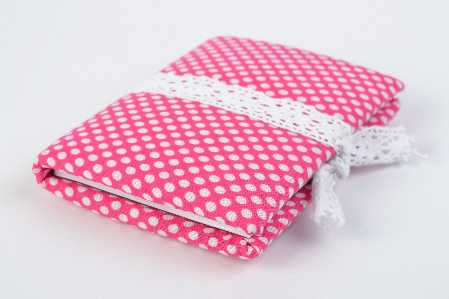 Handmade notebook with bright pink and white polka dot fabric cover for 60 pages photo 4