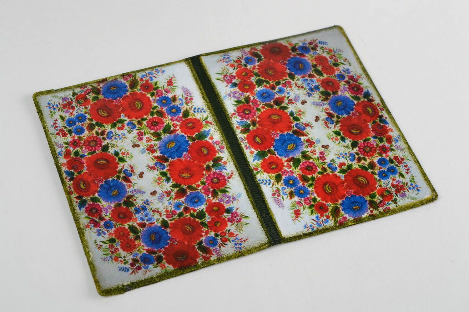 Handmade faux leather passport cover with bright ethnic floral decoupage pattern photo 3