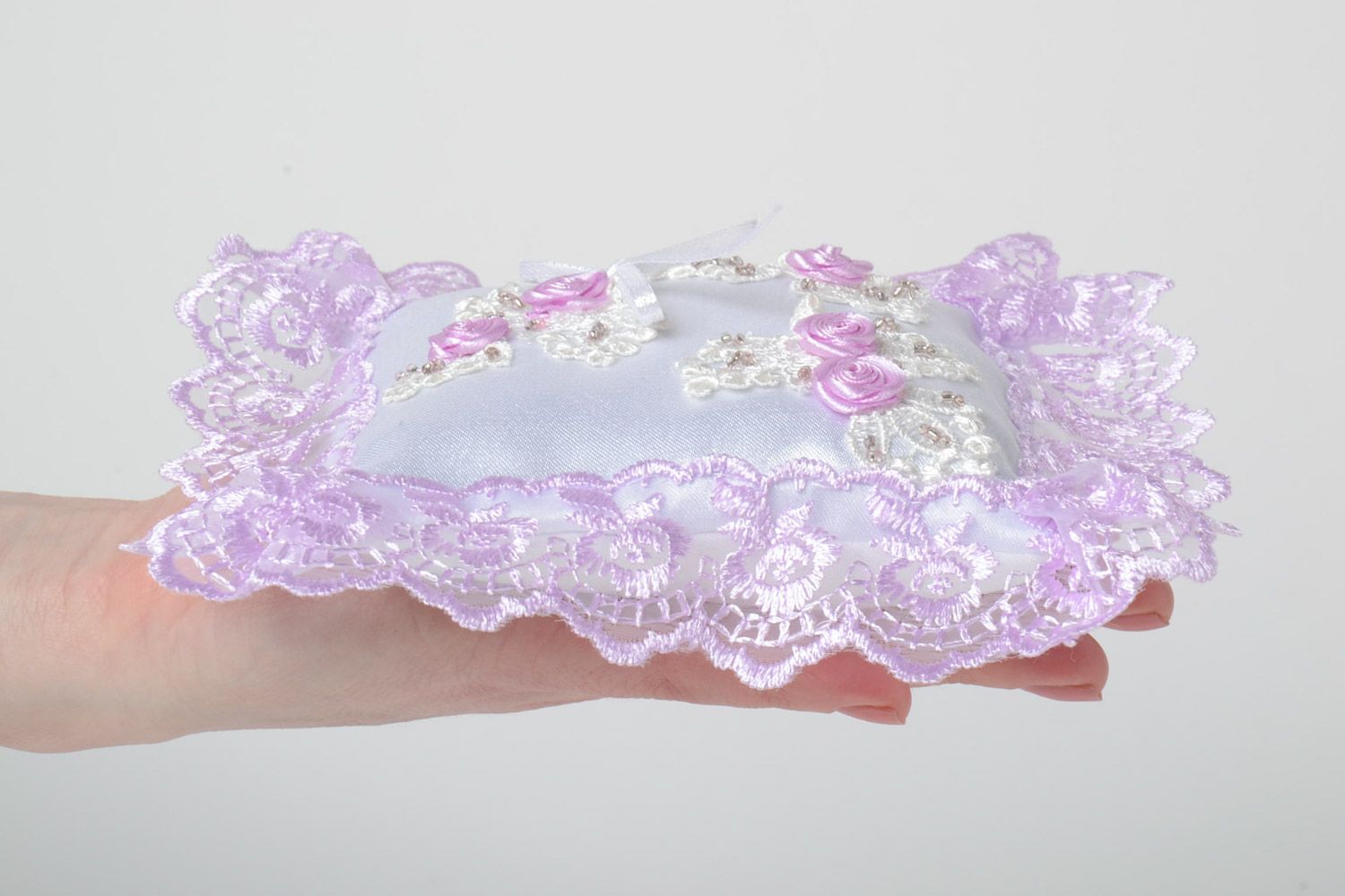 Handmade wedding rings pillow with lace and beads in white and lavender colors photo 5