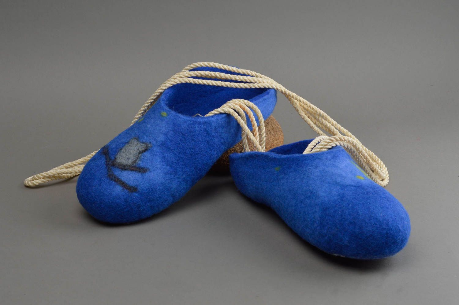 Pantoufles faites main bleues en laine feutrée pour femme chaudes Nuit photo 1
