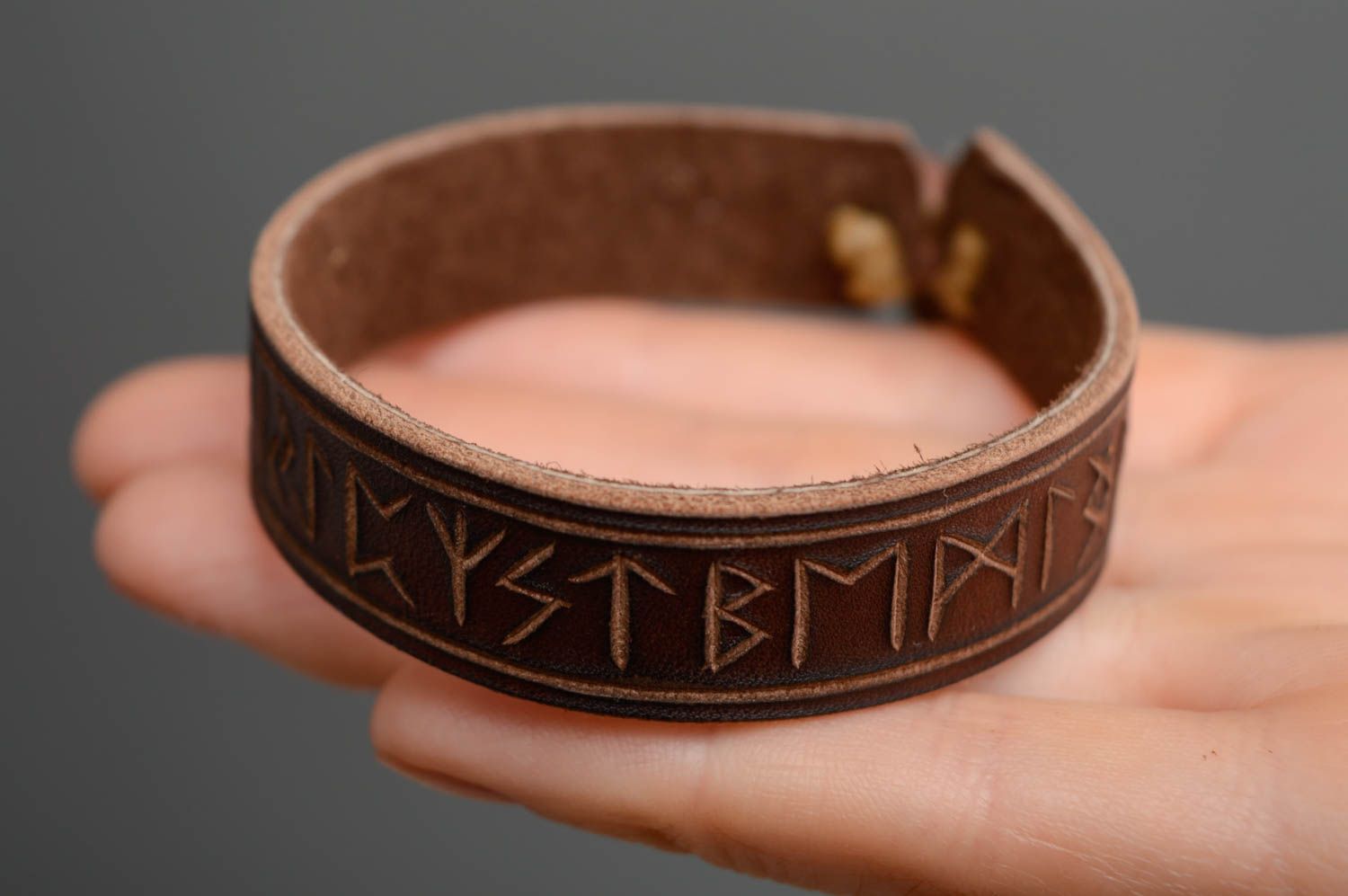 Wide genuine leather bracelet with runes photo 4