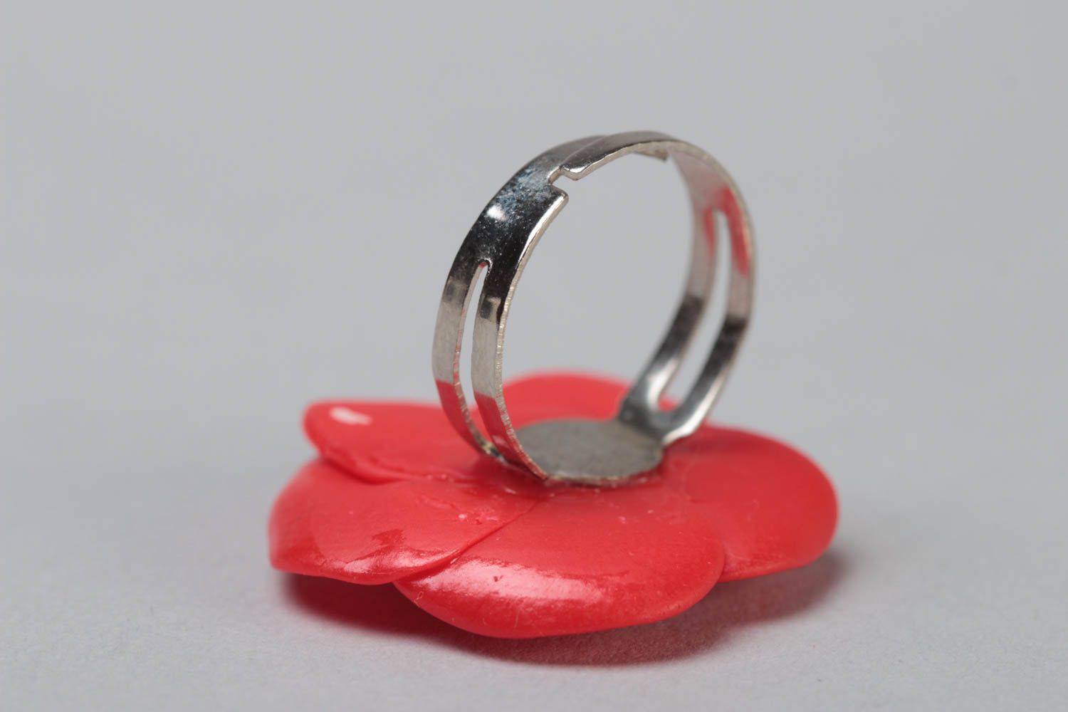 Handmade designer jewelry ring on metal basis with polymer clay red poppy flower photo 4