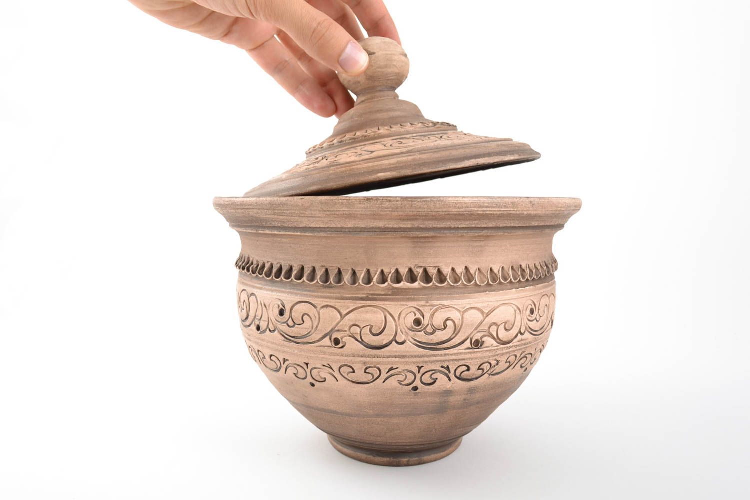 Large handmade ethnic ornamented ceramic pot with lid processed with silver 2 l photo 5