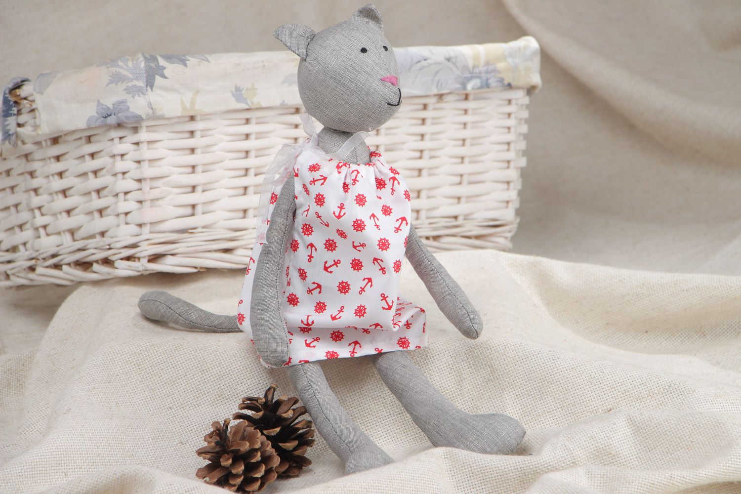 Handmade textile soft toy kitty in dress sewn of linen and cotton  photo 1