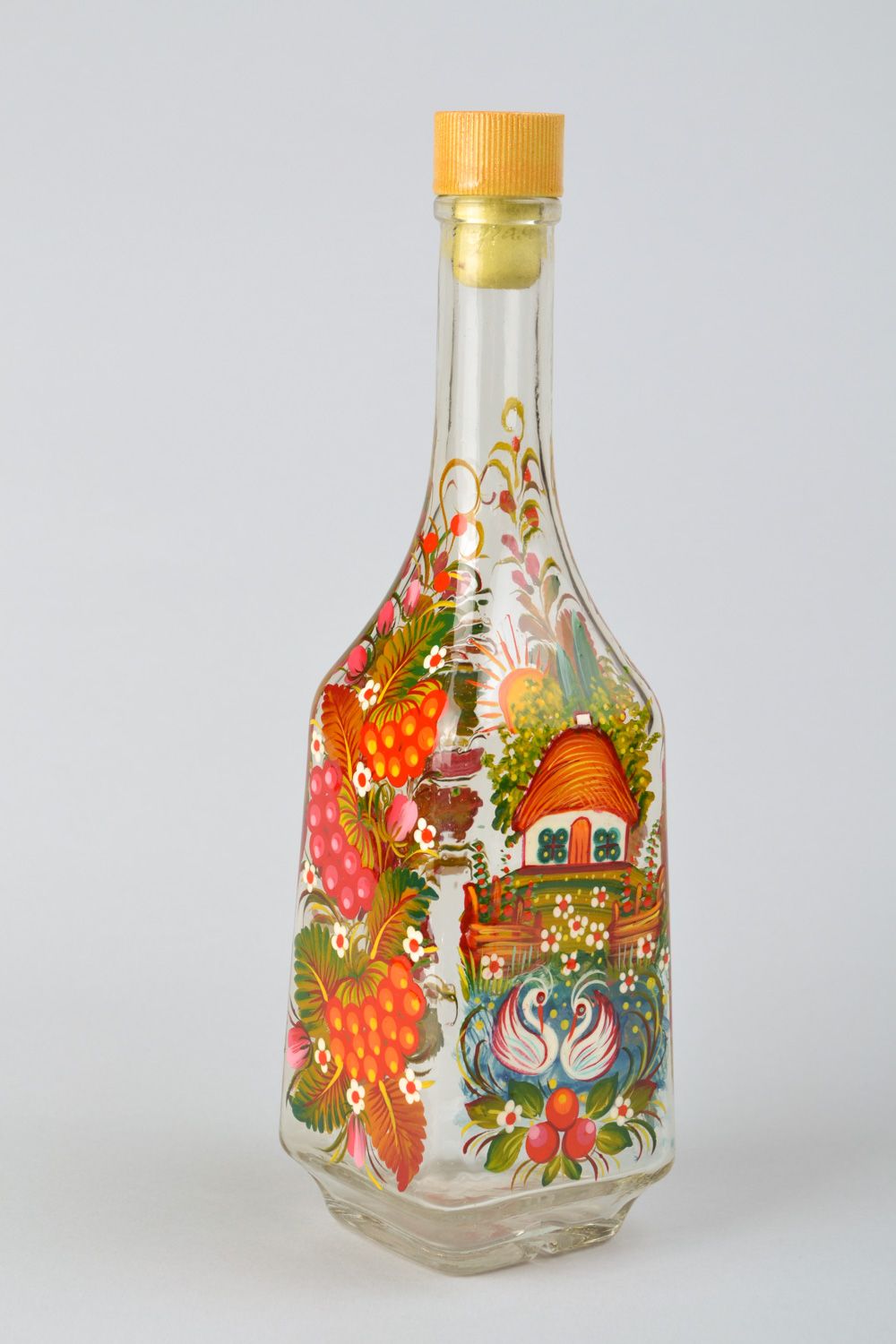 Handmade decorative bottle with ethnic painting in bright colors for 0.5 l Storks photo 3