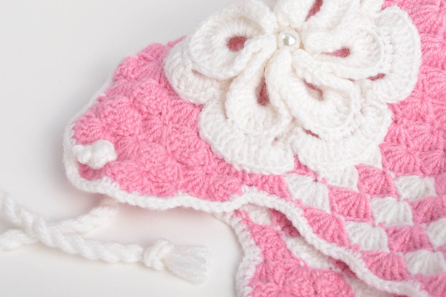 Bonnet tricot fait main Chapeau au crochet rose laine acrylique Vêtement fille photo 5