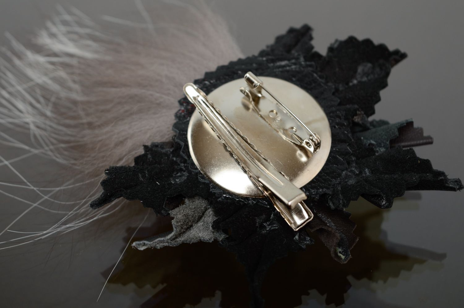 Handmade leather and fur brooch-hair clip Rose photo 4