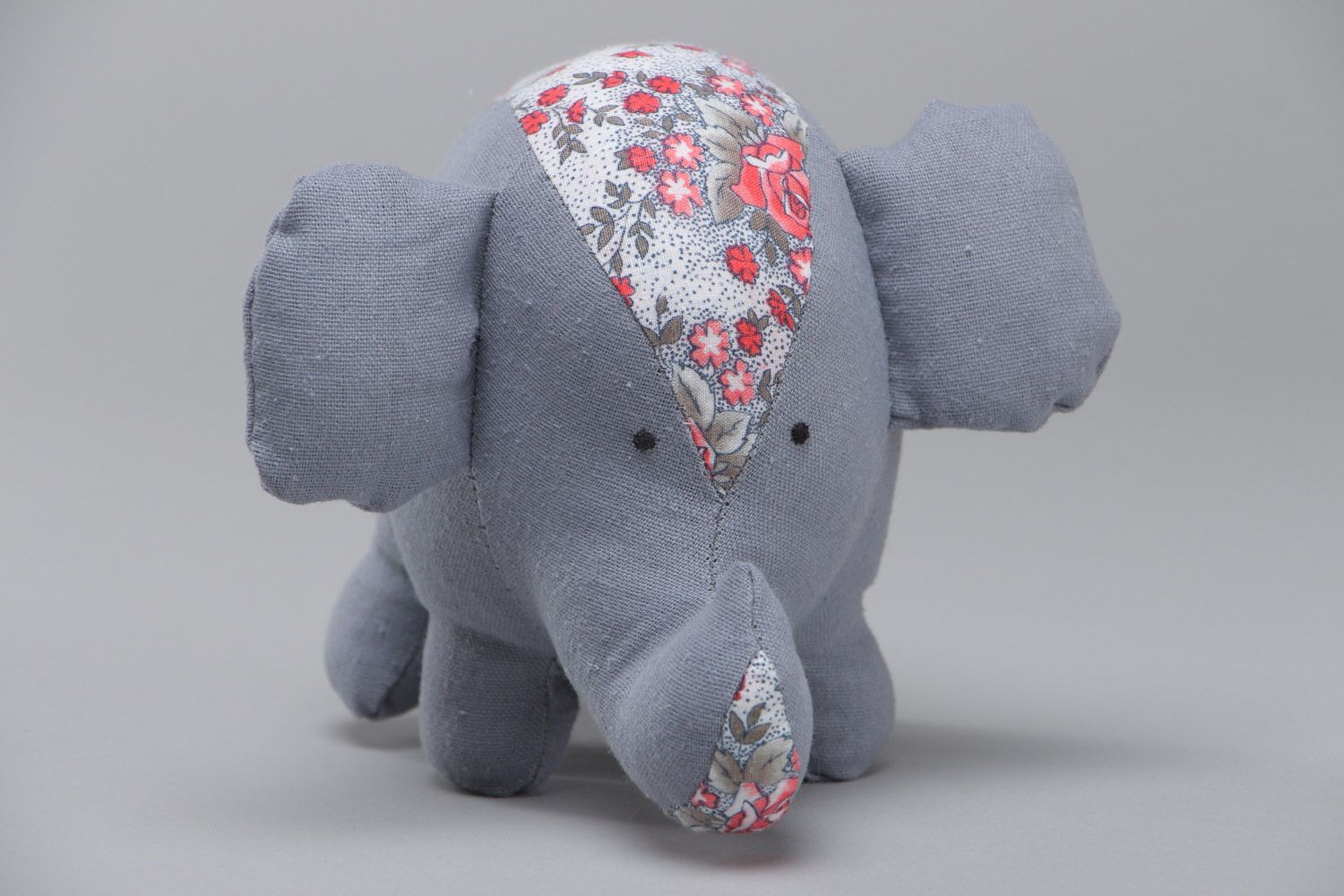 Handmade children's fabric soft toy elephant of gray color and average size photo 2