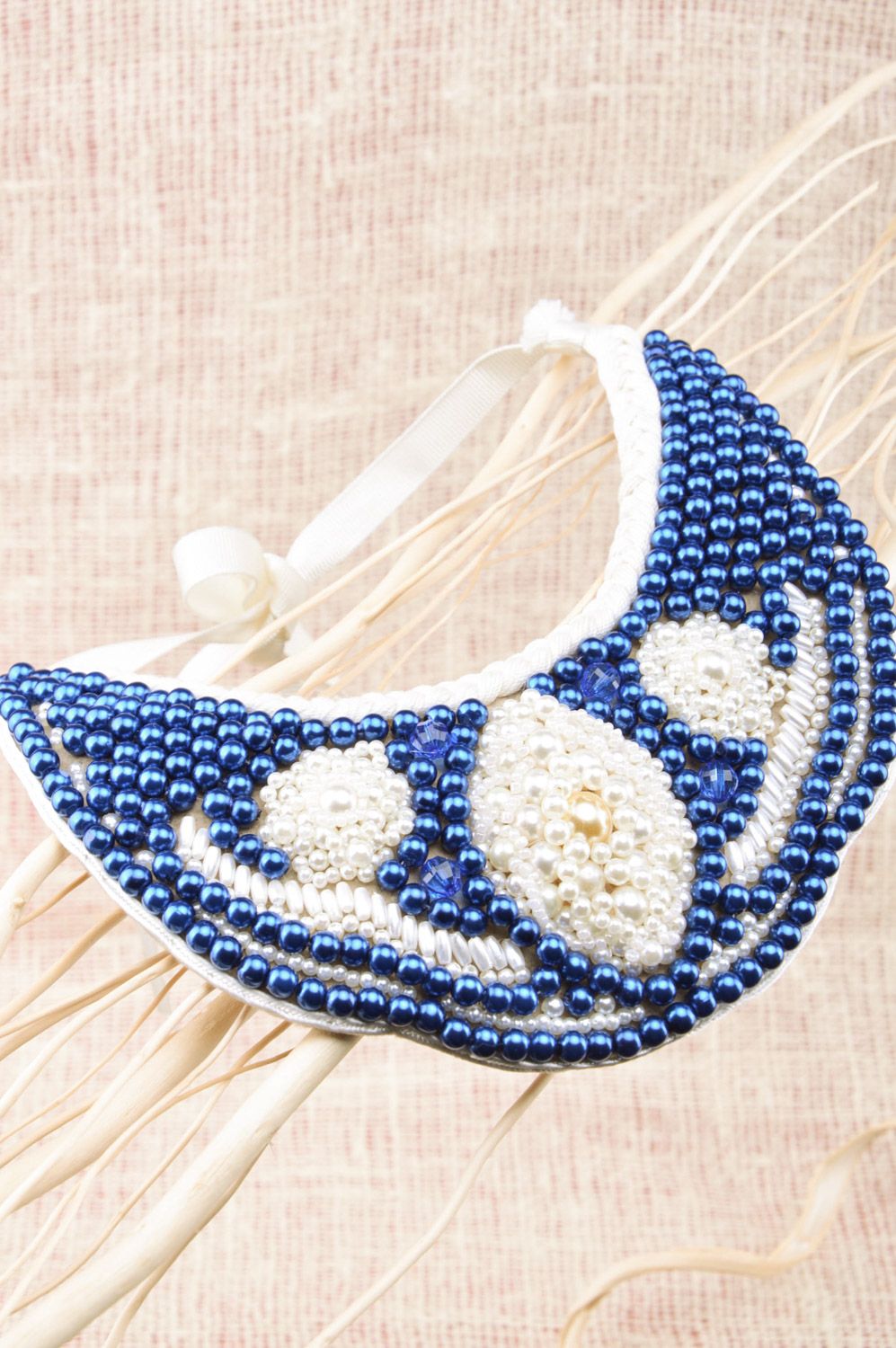 Handmade blue and white bead embroidered collar necklace with white ribbon photo 4
