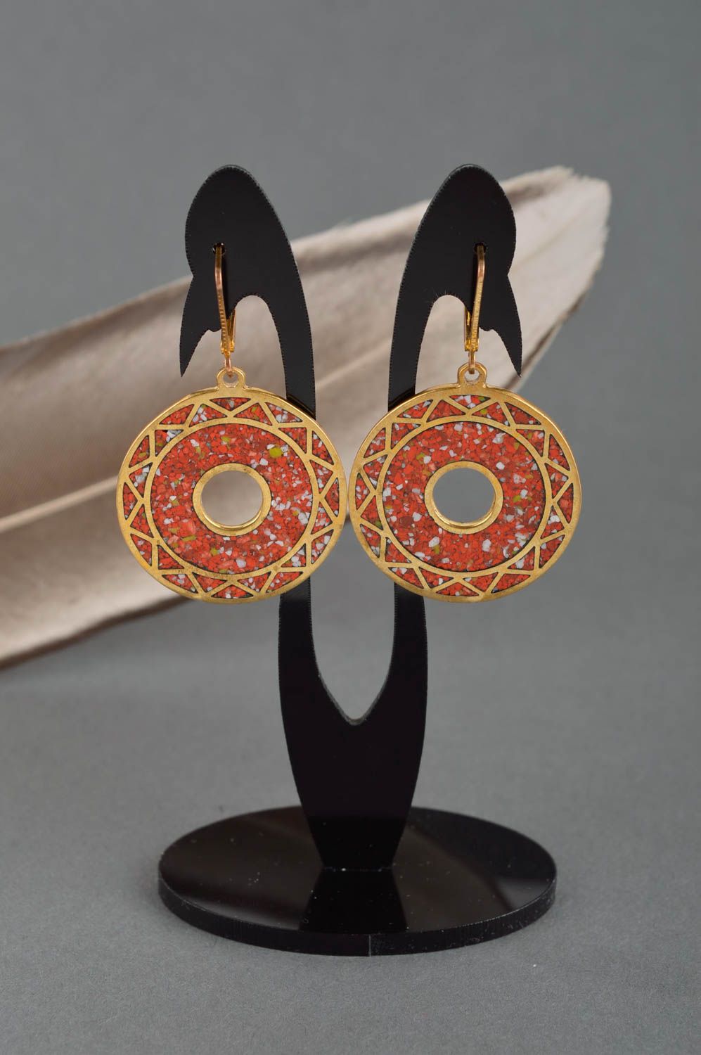 Handmade large brass earrings unusual female earrings red jewelry present photo 1