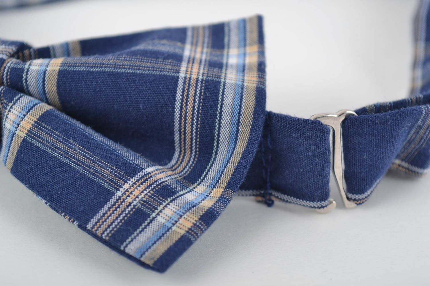 Beautiful blue checkered fabric bow tie with adjustable strap hand made photo 2