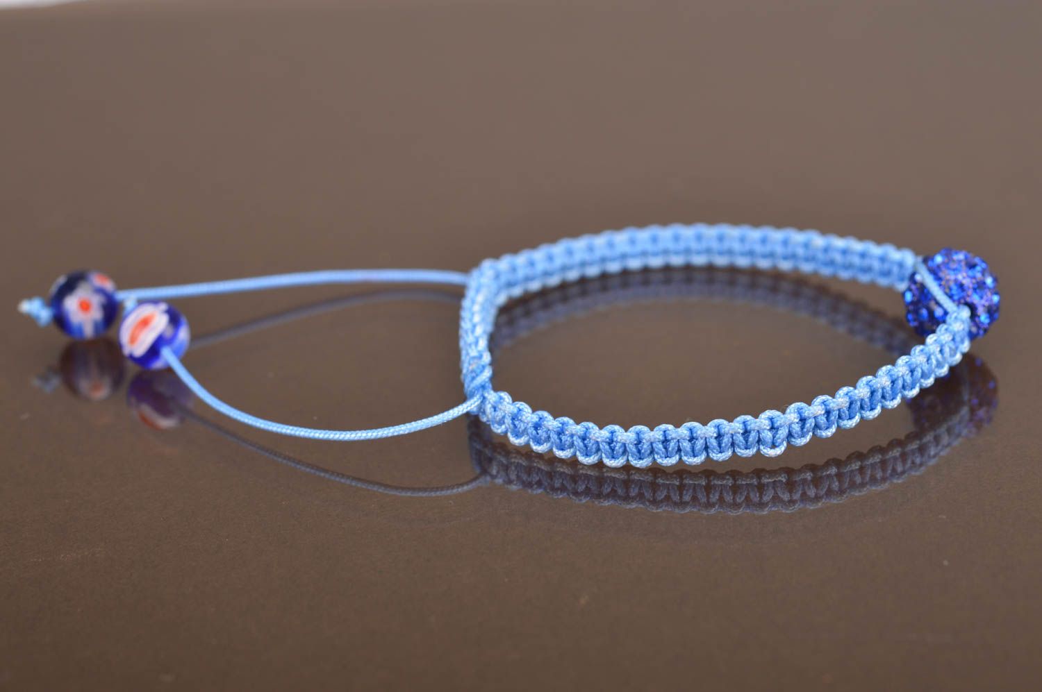 Blue woven adjustable unusual cute wrist bracelet made of laces with bead photo 5