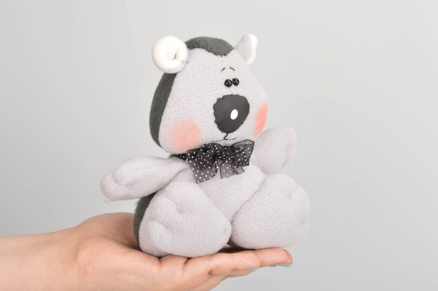 Handmade light gray fabric soft toy bear with organza polka dot bow  photo 3