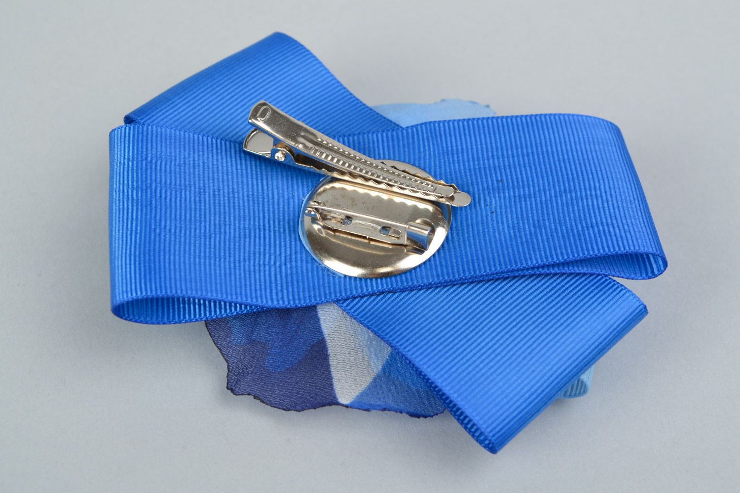 Blue handmade foamiran and ribbon brooch hair clip in the shape of bow with flower photo 4