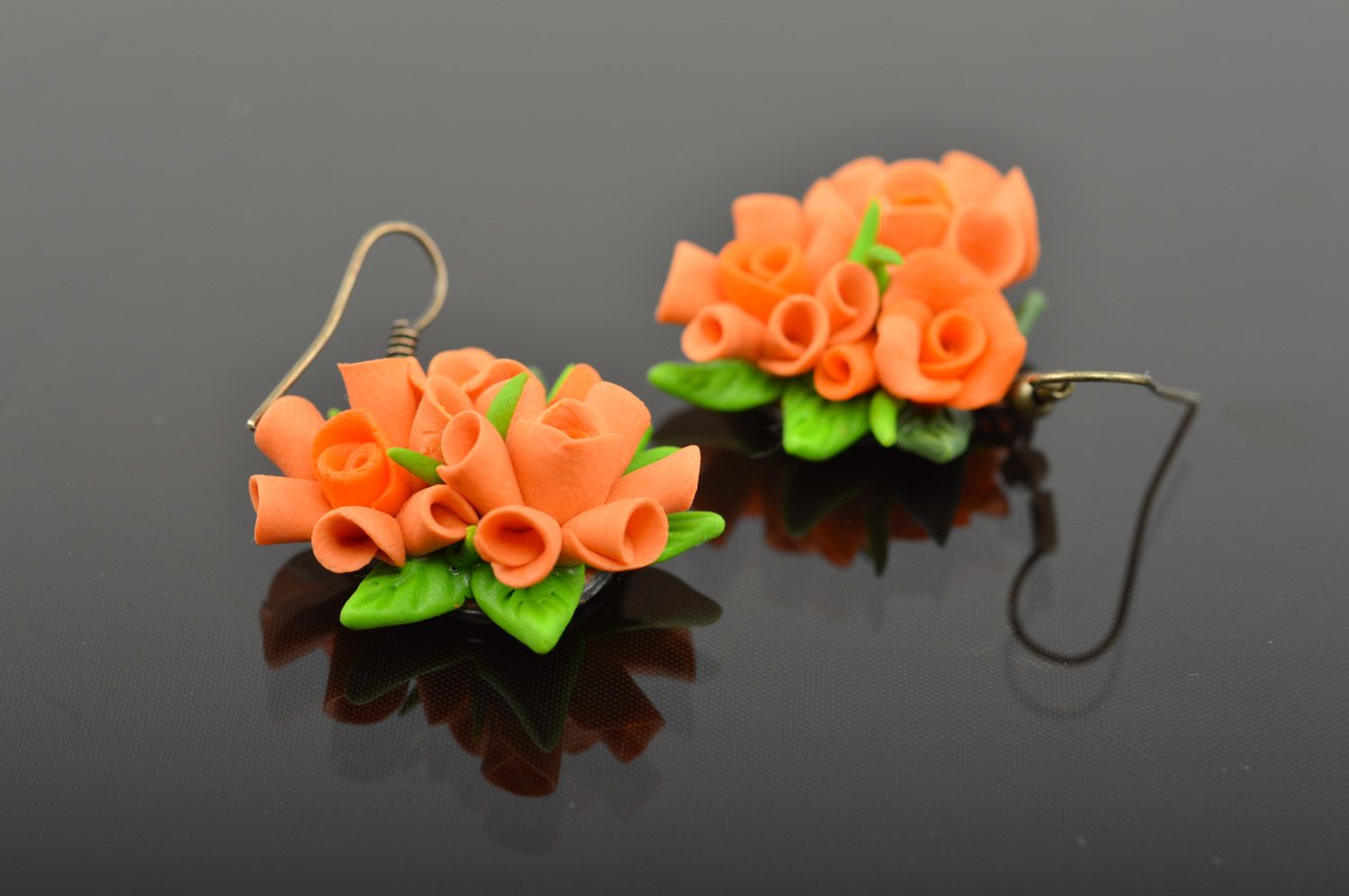 Unusual festive handmade polymer clay flower earrings of orange color photo 3