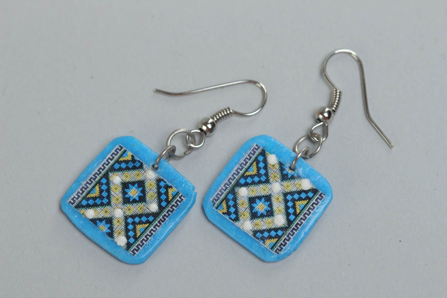 Handmade blue square polymer clay dangling earrings with ethnic ornament photo 2