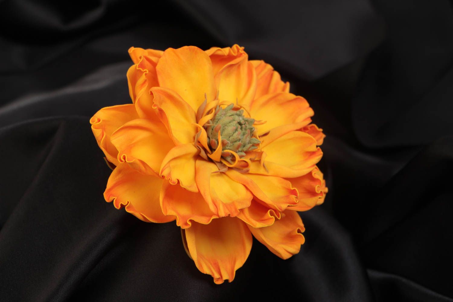 Yellow handmade designer textile foamiran flower for brooch or hair clip making photo 1