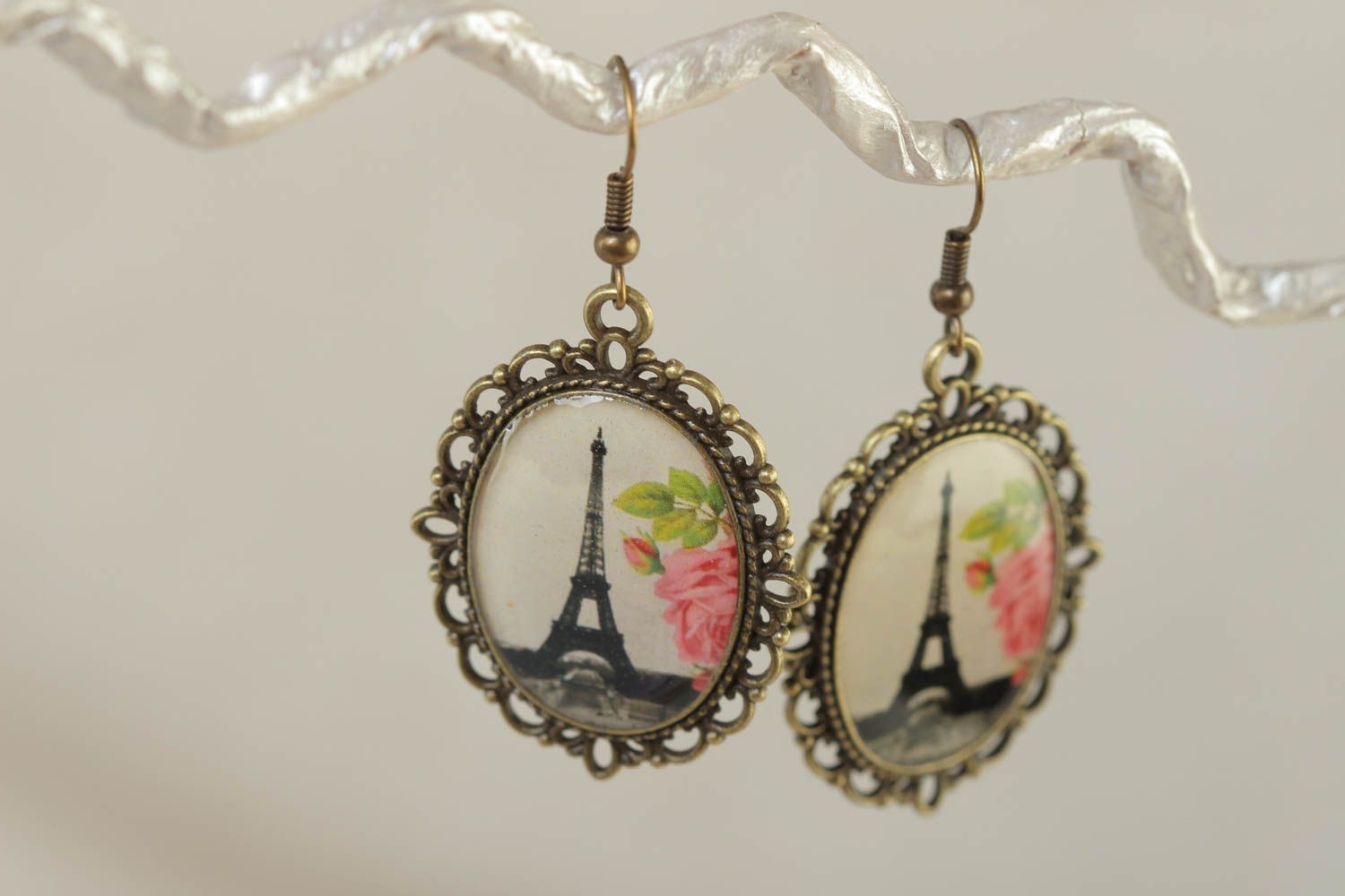 Handmade vintage oval metal frame earrings with glass glaze Eiffel Tower photo 1