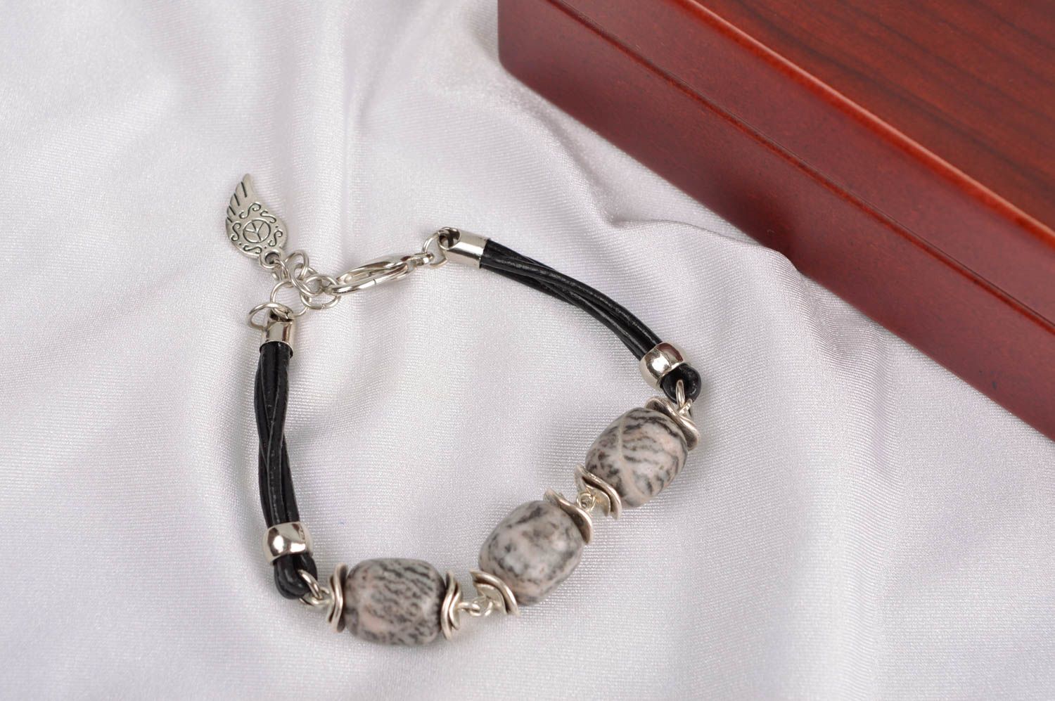 Jasper stone beaded bracelet on leather cord with leaf charm for women photo 1