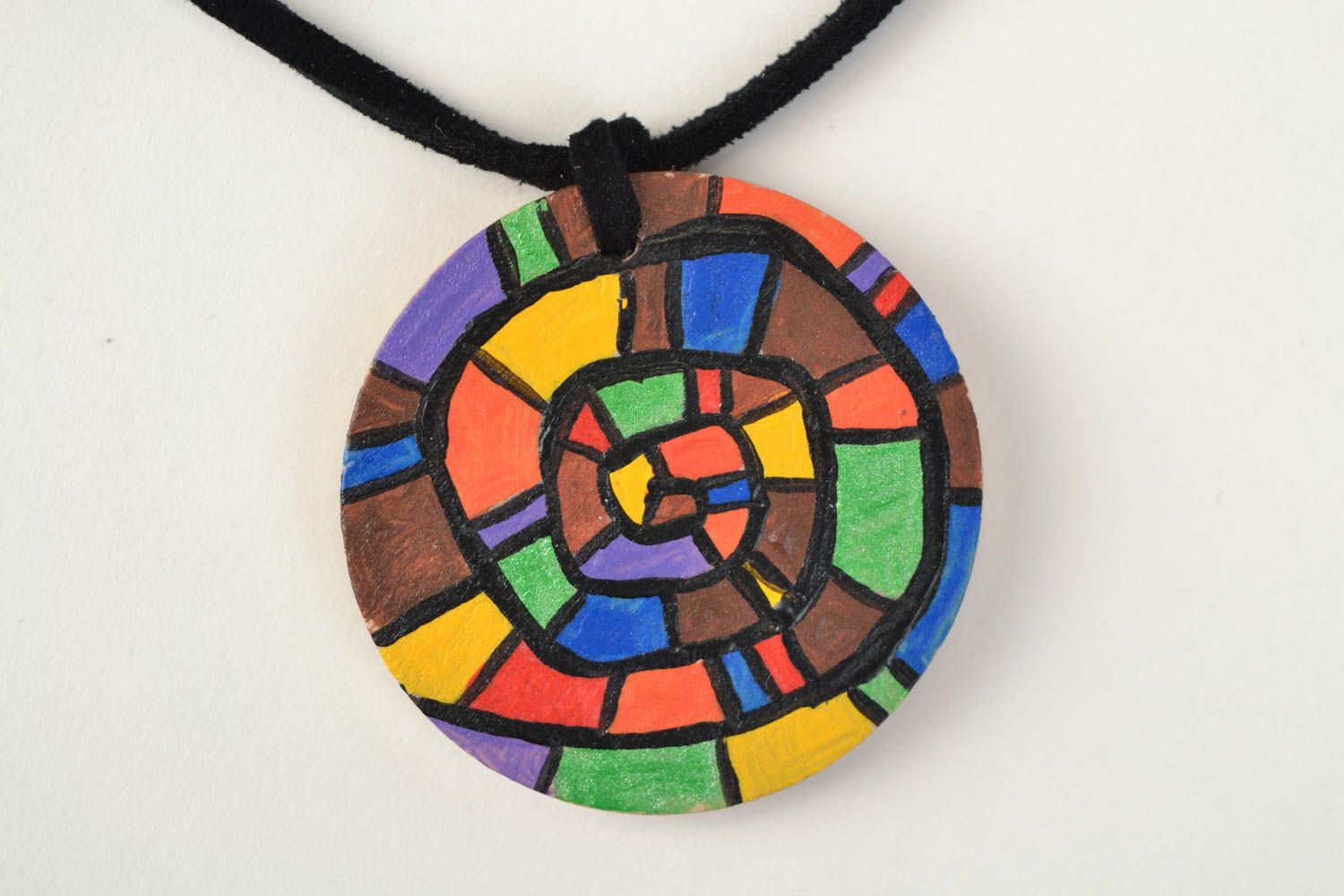 Handmade round wooden pendant painted with acrylics on cord stylish accessory photo 4