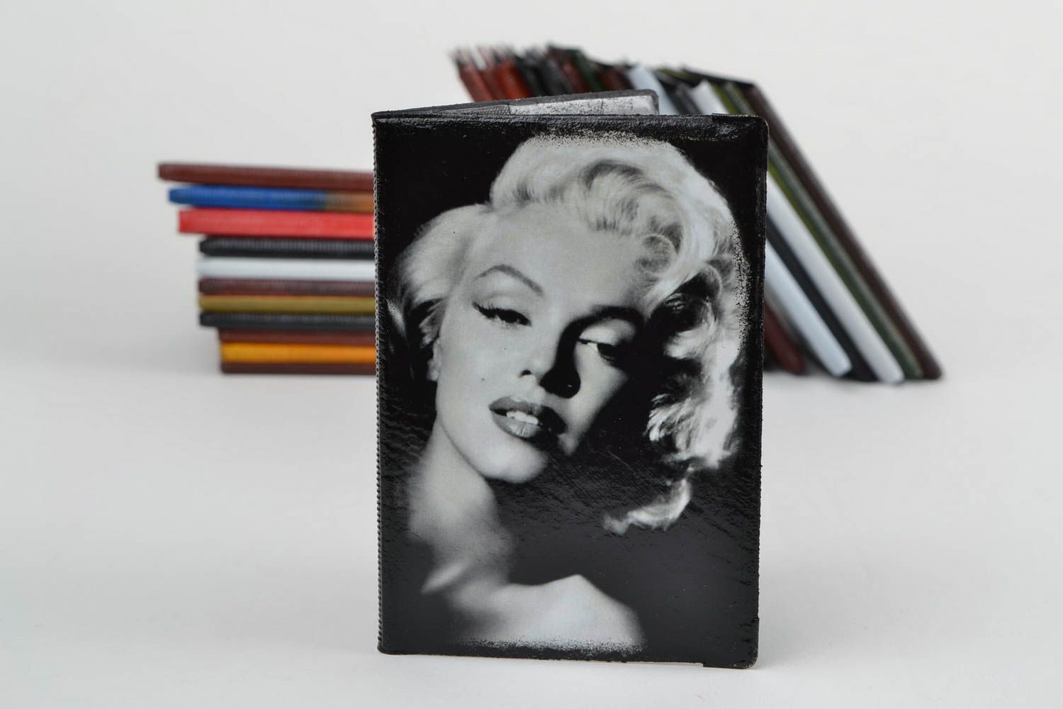 Handmade stylish faux leather passport cover with decoupage black and white photo 1