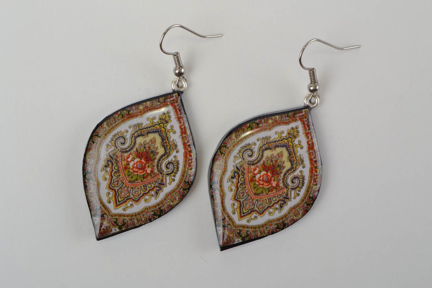 Handmade designer polymer clay dangling earrings with decoupage large ornamented photo 3