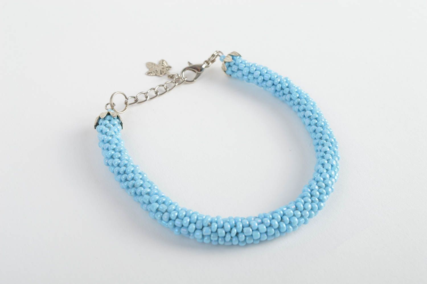 Handmade laconic beaded cord wrist bracelet of blue color for women photo 3