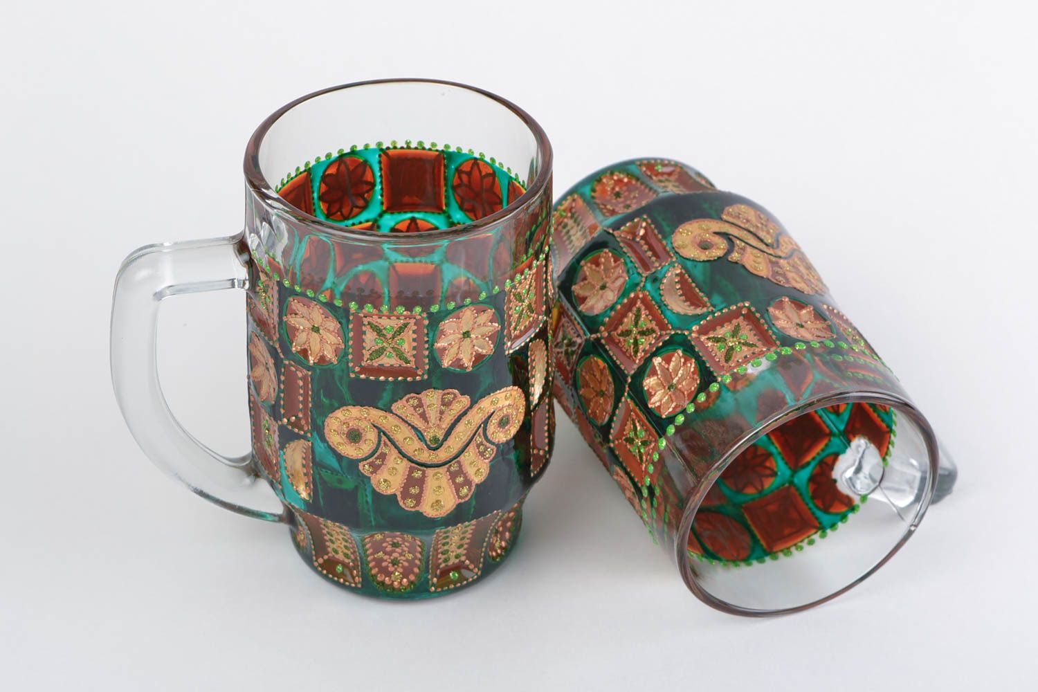 Handmade decorative glass beer mug with acrylic dot painting green and brown  photo 4