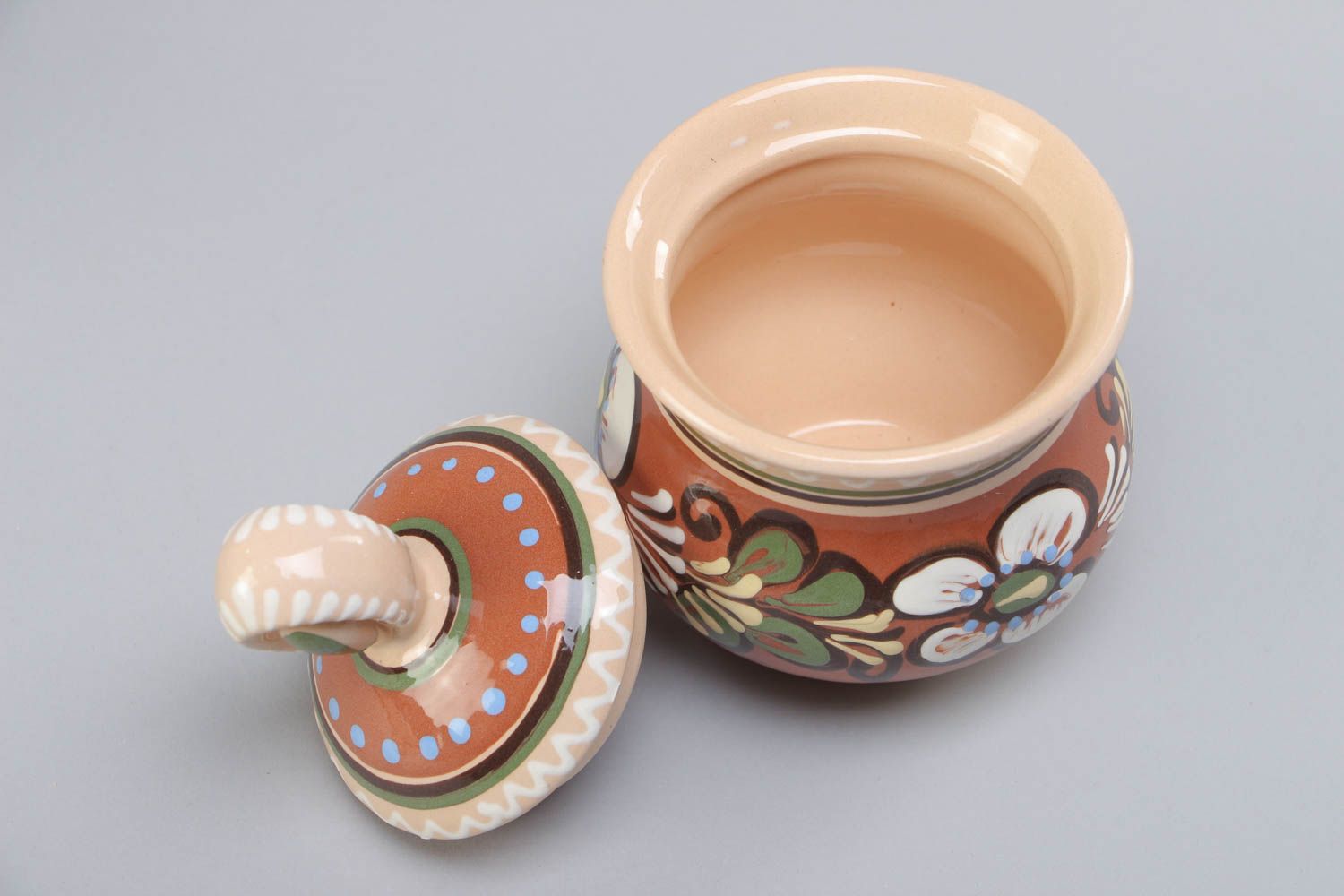 Handmade painted clay sugar bowl pot with lid 300 ml photo 4