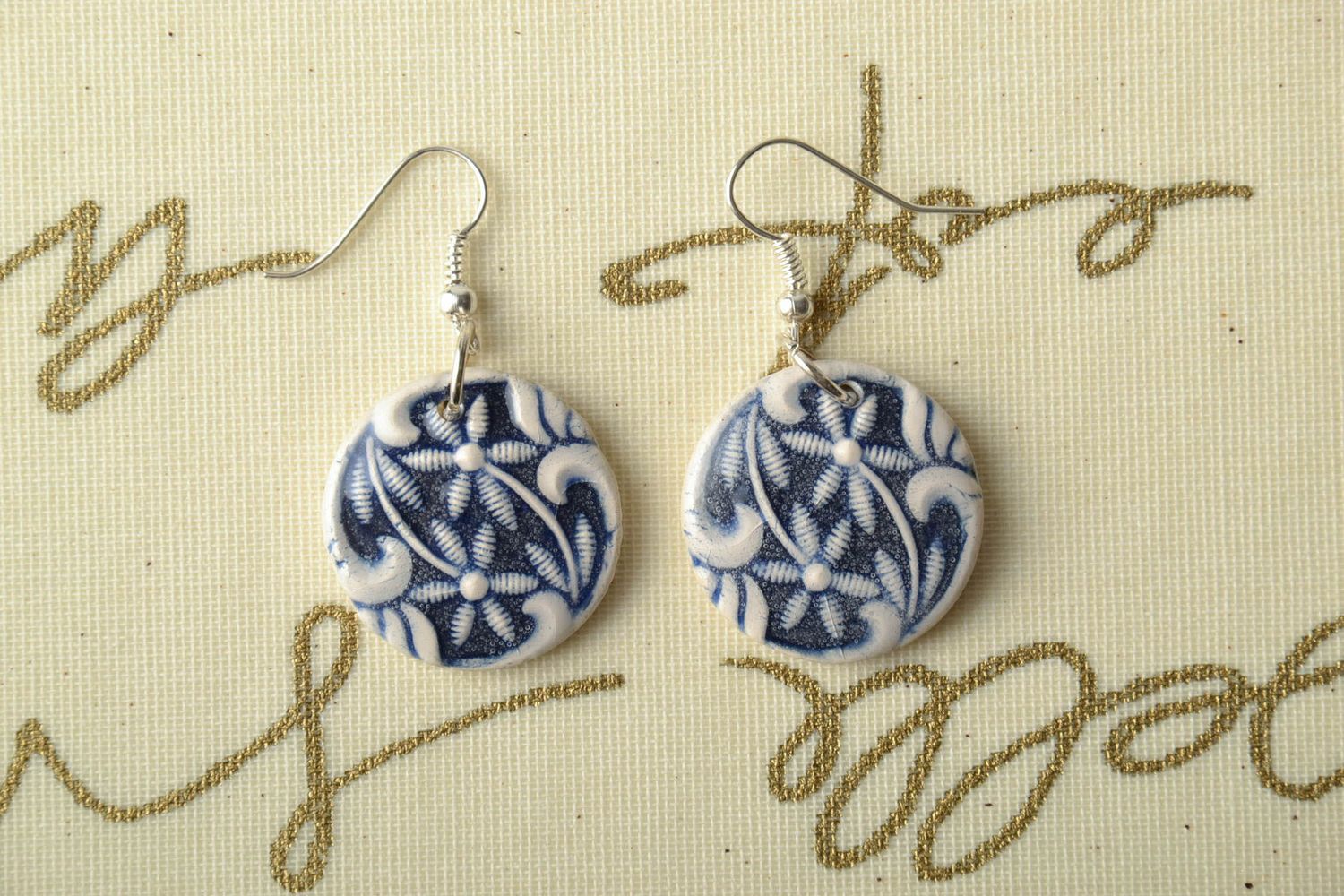 Ceramic earrings painted with enamels Blue Frost photo 1