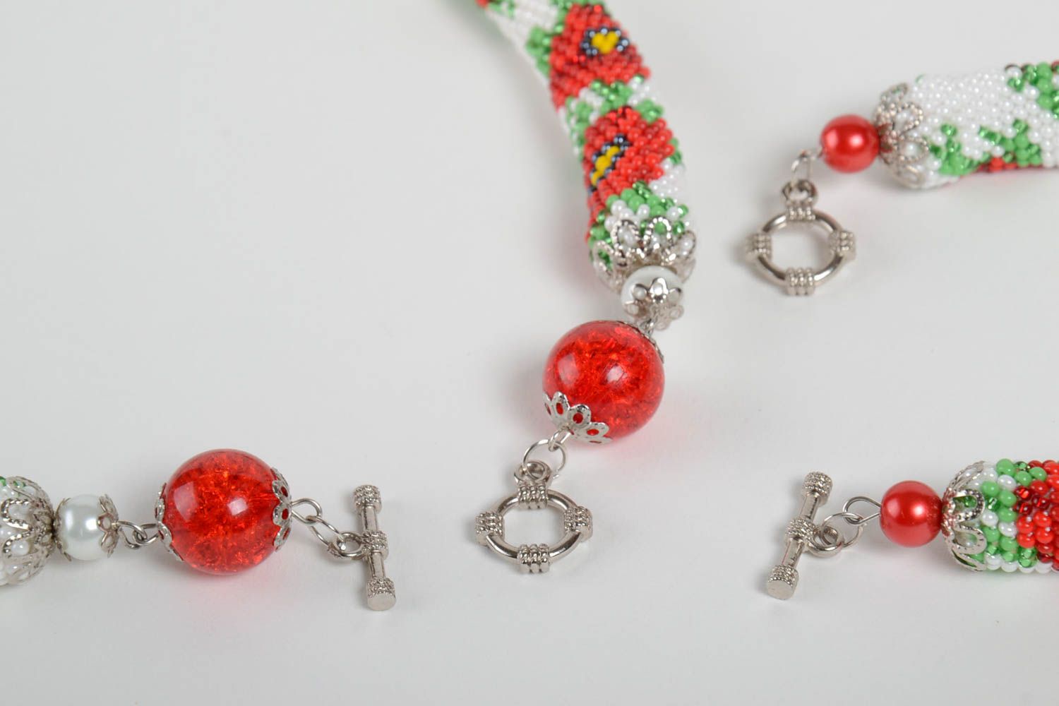 Unusual handmade woven beaded cord necklace and bracelet designer jewelry set photo 4