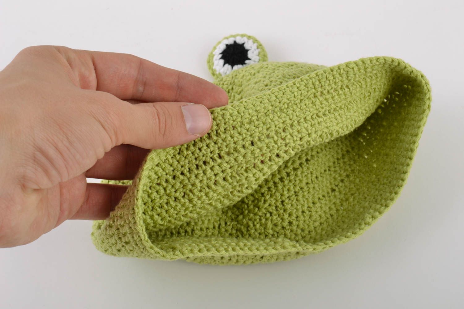 Handmade crocheted hat made of cotton threads in the form of green frog for boys photo 4