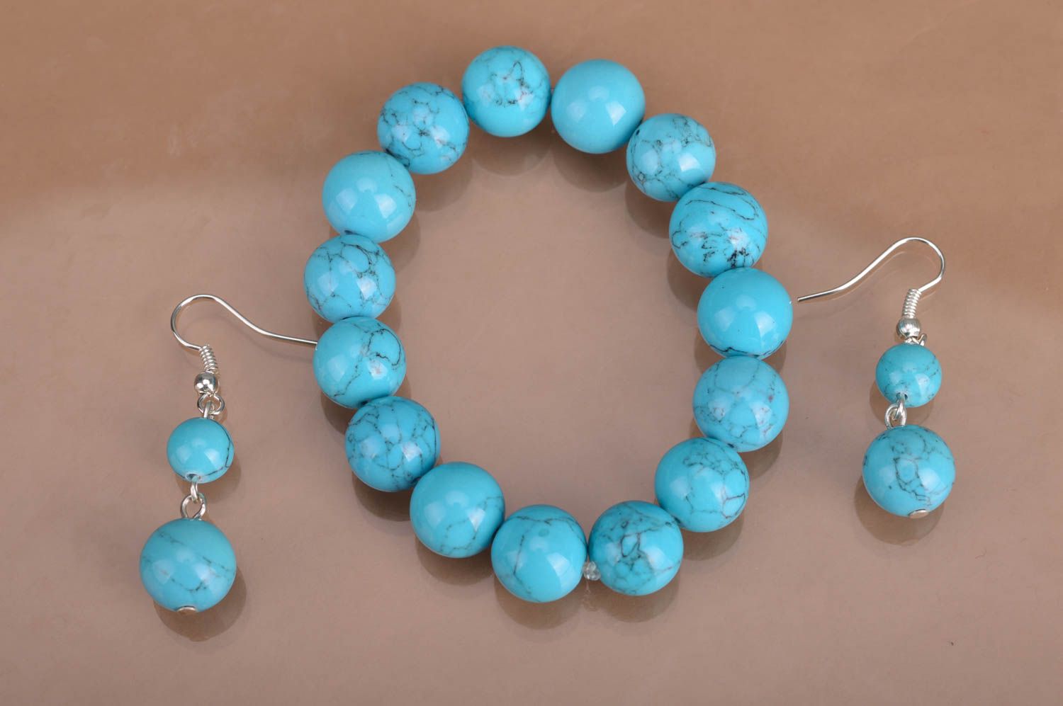 Handmade beaded jewelry set wrist bracelet and earrings blue turquoise color photo 5