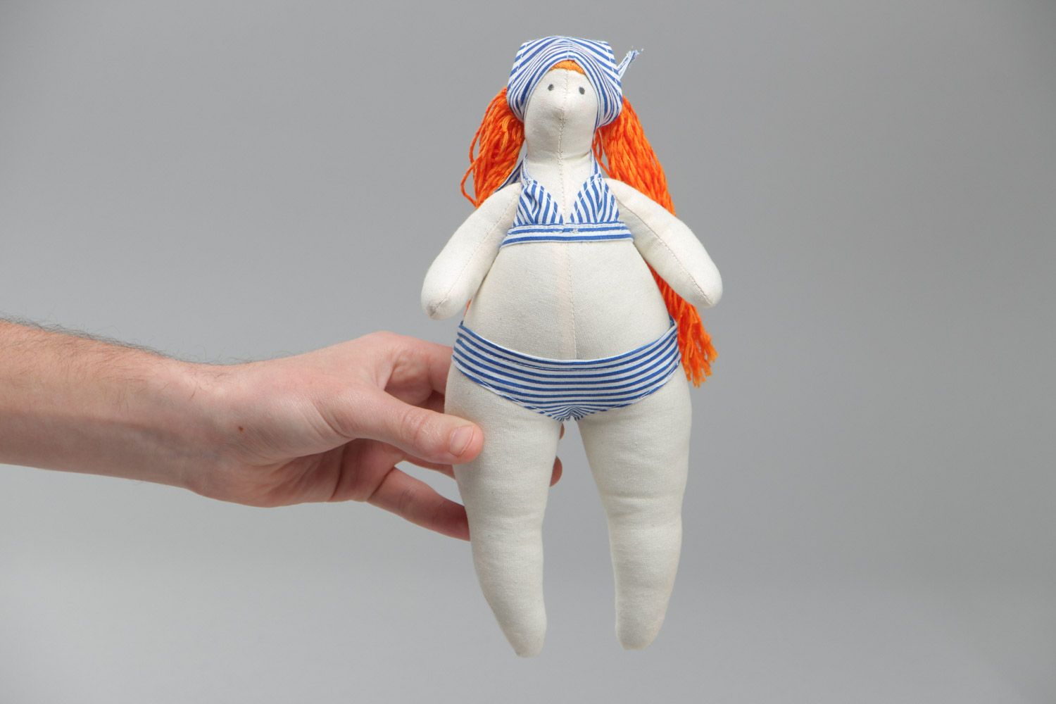 Handmade designer soft doll sewn of cotton with red hair in blue swimming suit photo 5