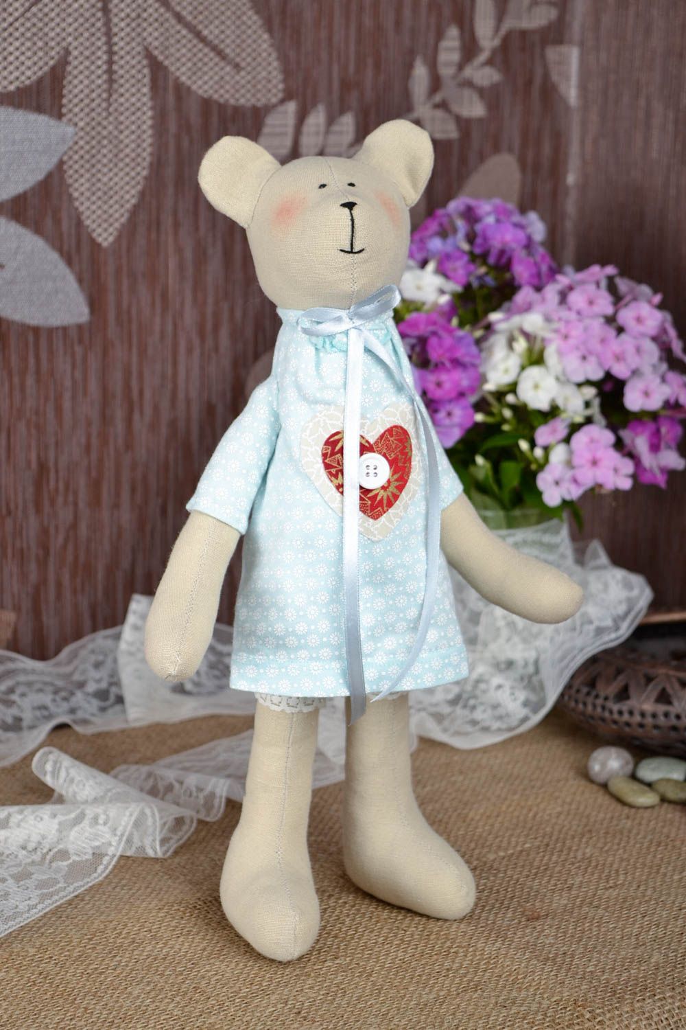 Peluche ours Jouet enfant fait main lin coton blanc en robe Cadeau original photo 1
