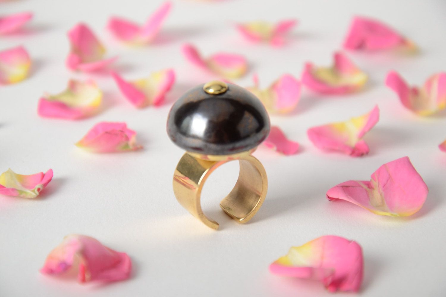 Handmade volume adjustable metal ring with black porcelain element for women photo 1
