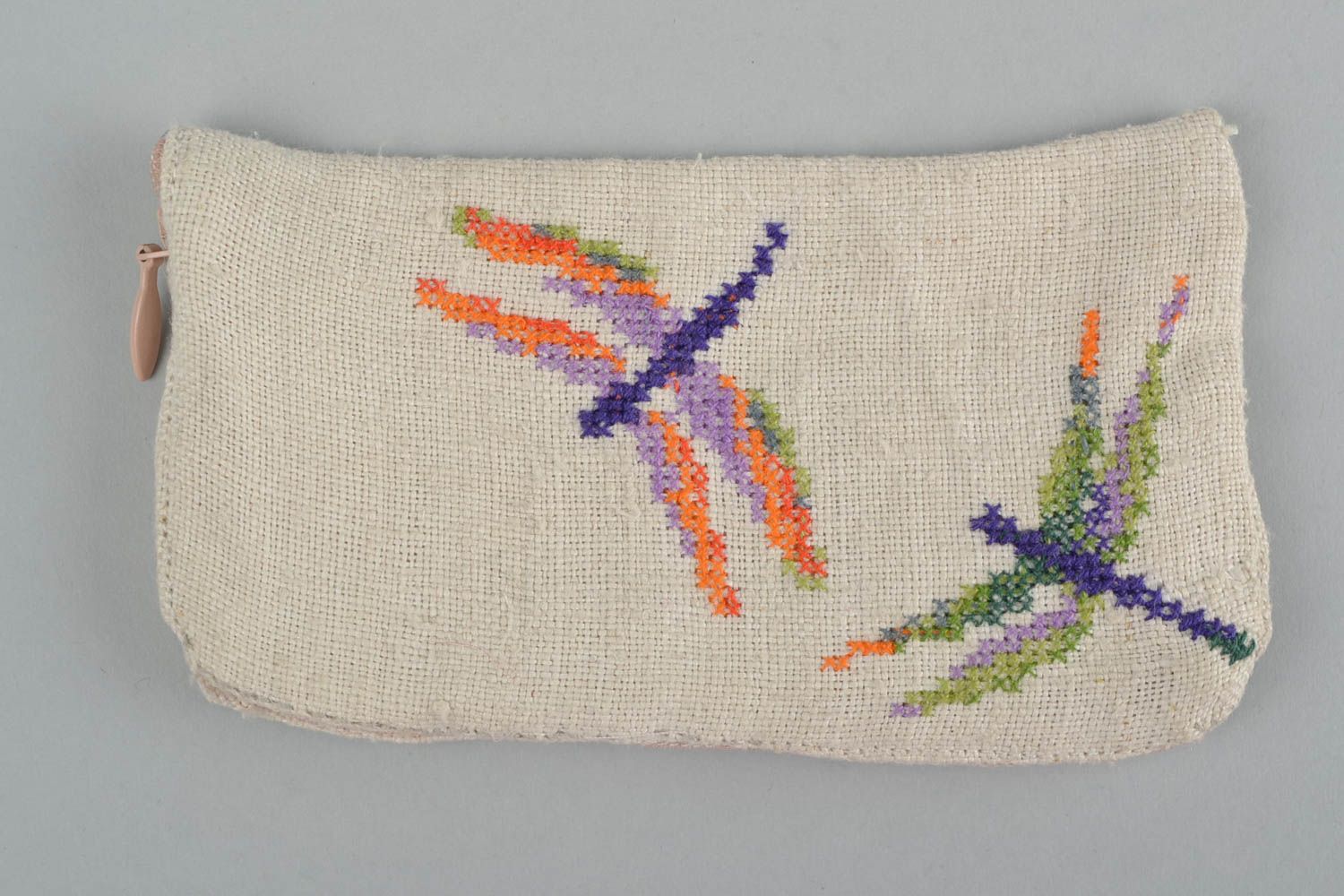 Handmade hemp fabric mobile phone case with cross stitch embroidery Dragonflies photo 4