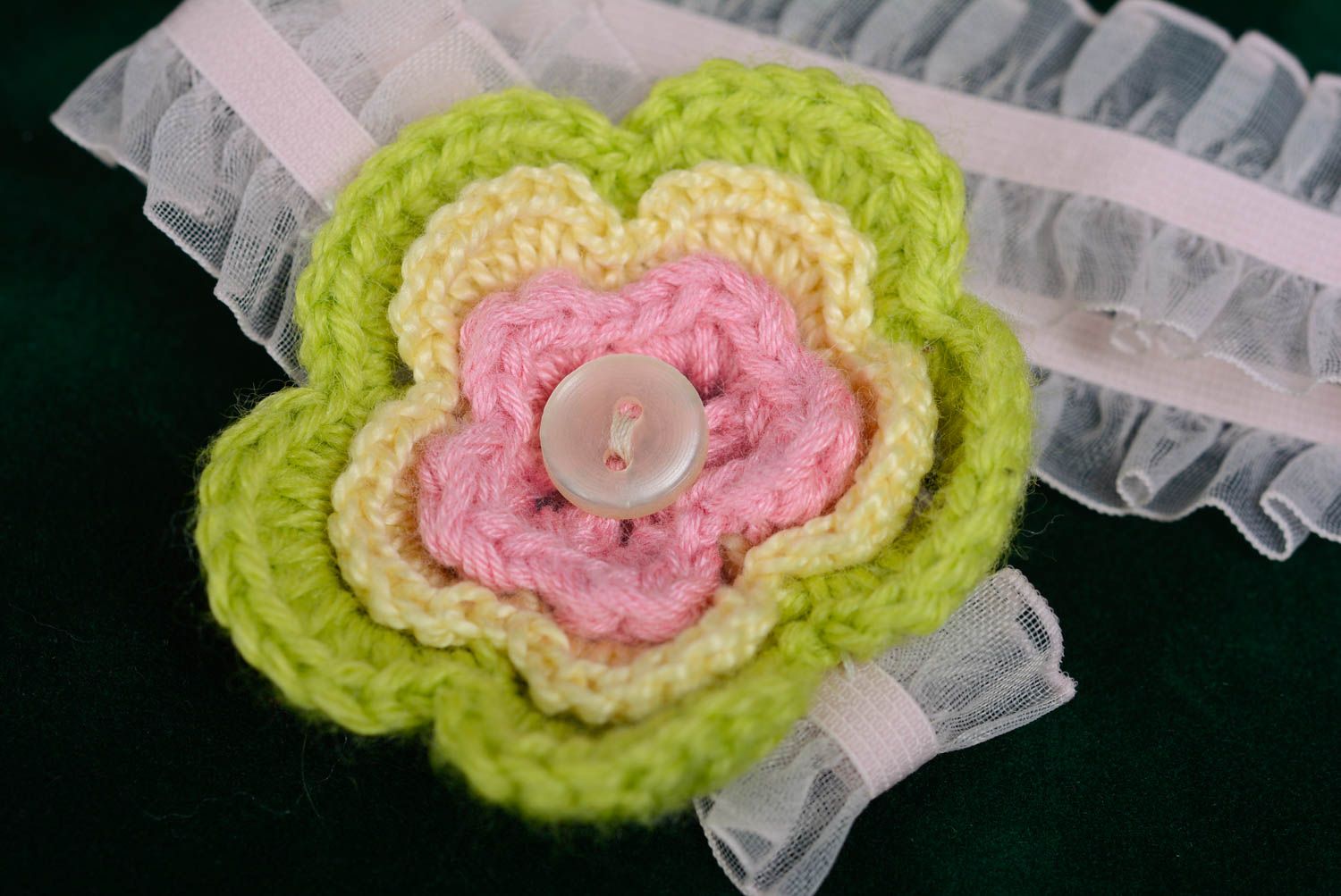 Unusual festive beautiful handmade headband with knitted flower for girl photo 2